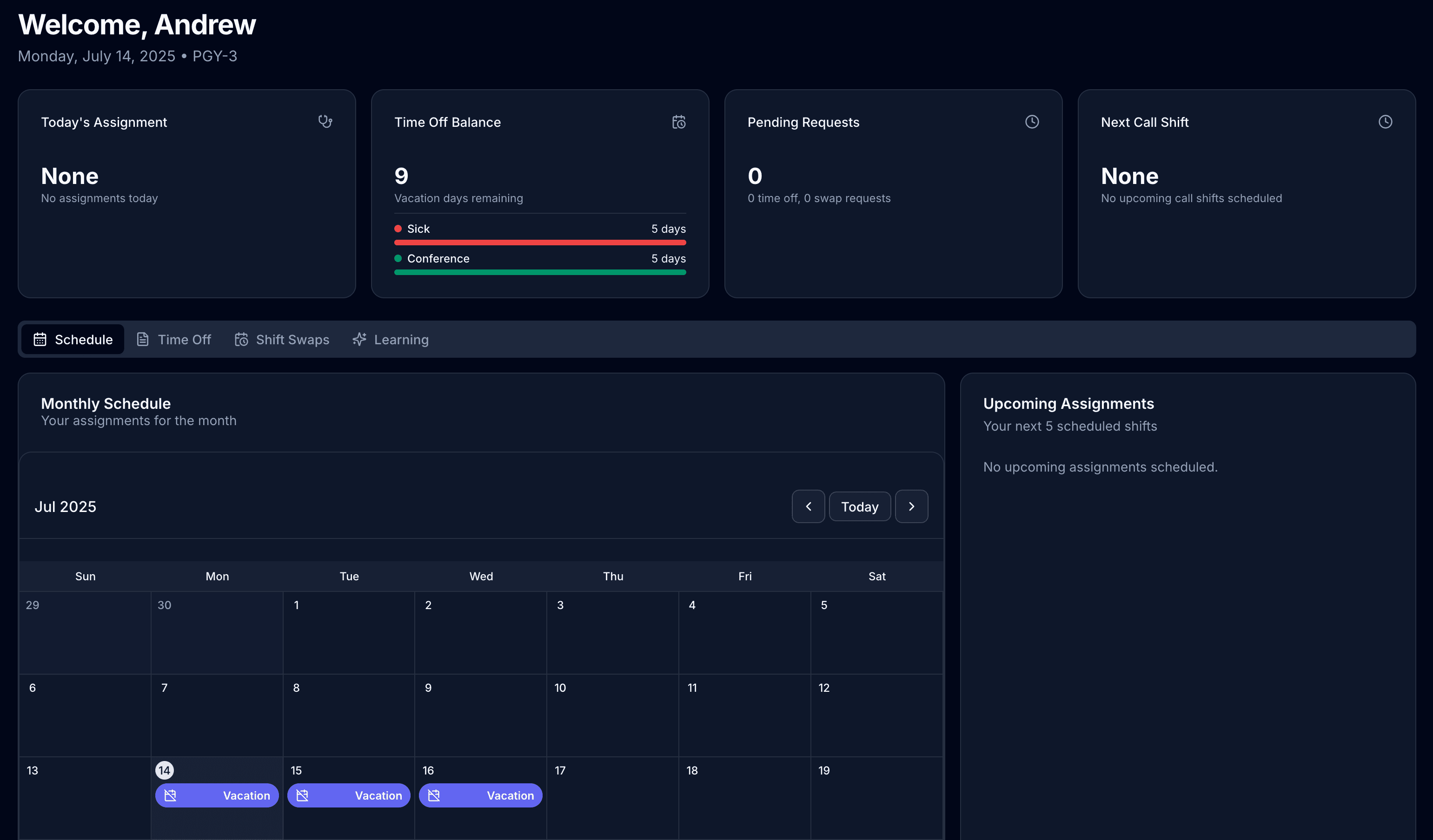 Allocato dashboard preview showing resident schedules and time-off management